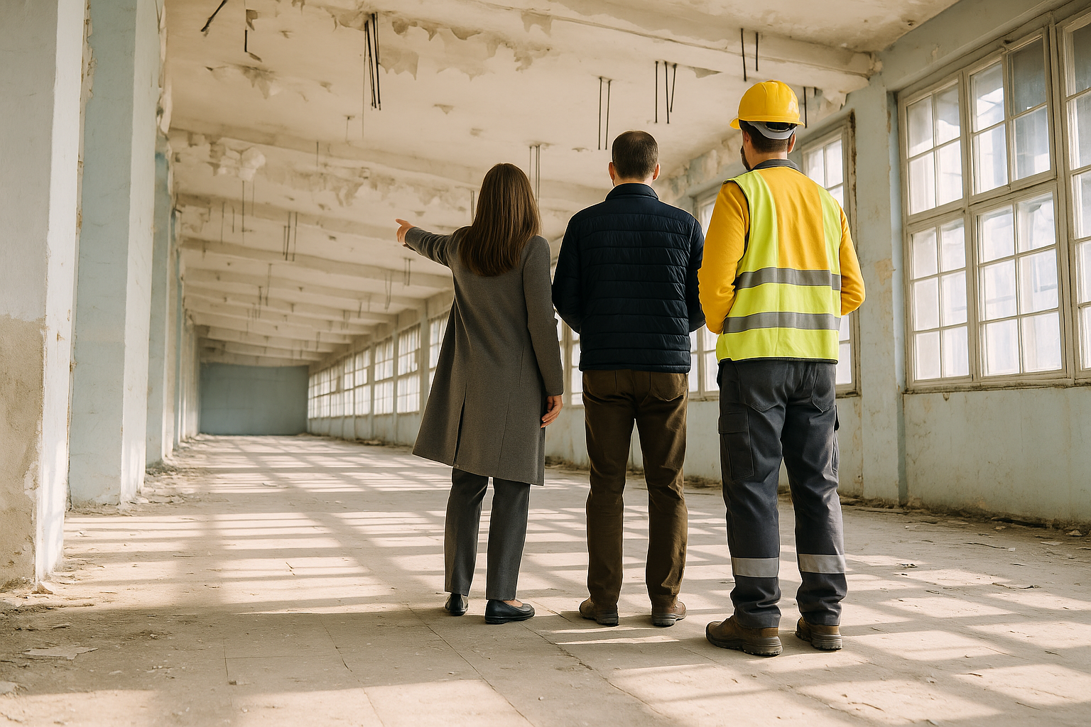 Drie technici van CoDomotics bespreken de voortgang van een KNX-project op een bouwlocatie, met tekeningen en apparatuur op tafel.